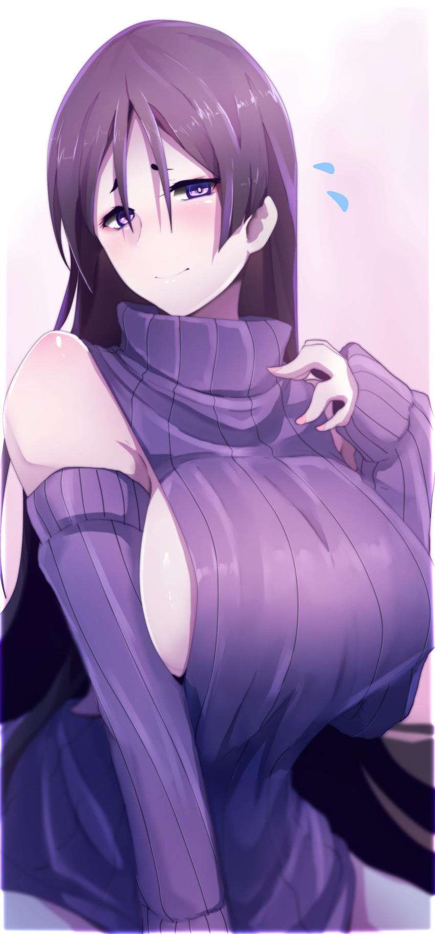 1girl absurdres alternate_costume bare_shoulders blush breasts closed_mouth cowboy_shot detached_sleeves fate/grand_order fate_(series) flying_sweatdrops highres large_breasts long_hair long_sleeves looking_at_viewer minamoto_no_raikou_(fate/grand_order) purple_hair ribbed_sweater sideboob sleeveless sleeveless_turtleneck smile solo sweater turtleneck turtleneck_sweater very_long_hair violet_eyes wadakazu