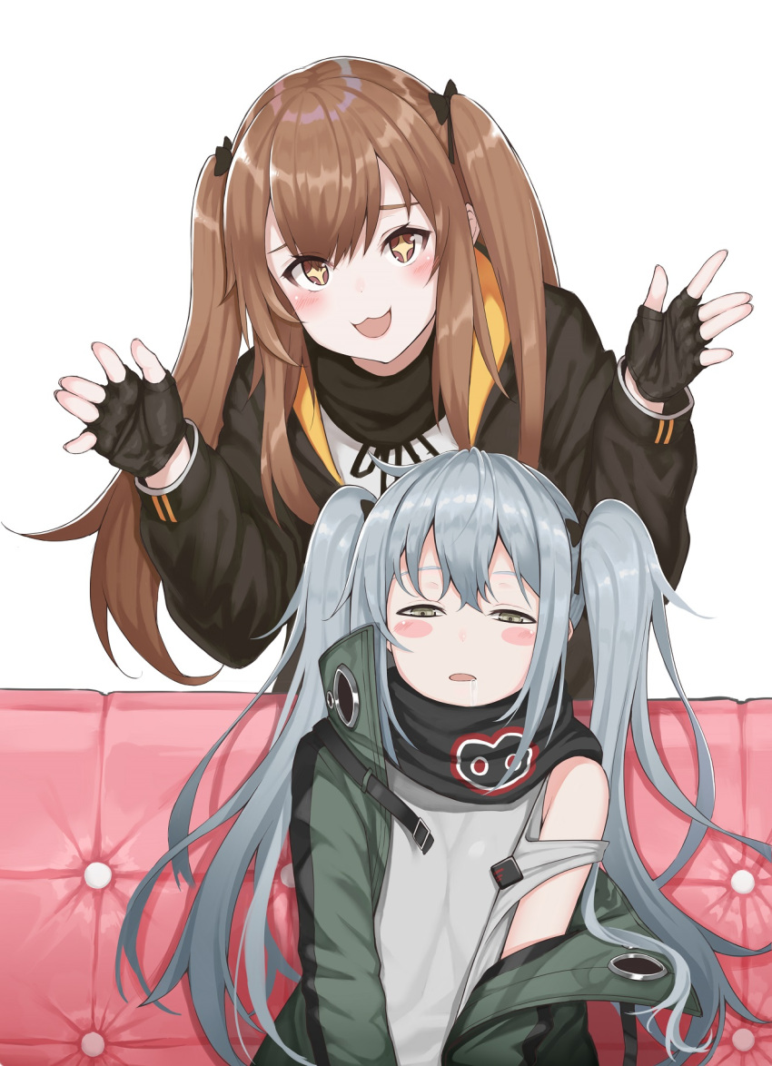 +_+ 2girls :3 alternate_hairstyle blush_stickers brown_hair couch drowsy fingerless_gloves g11_(girls_frontline) girls_frontline gloves highres long_hair looking_back multiple_girls open_mouth shirt shooene t-shirt twintails ump9_(girls_frontline)