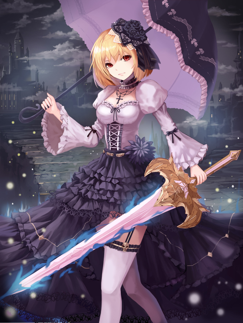 1girl black_dress black_rose black_sky blonde_hair breasts castle choker clouds cross dew_(7302235) dress flower frilled_dress frills garter_straps gothic_lolita hair_flower hair_ornament highres holding holding_sword holding_umbrella holding_weapon jewelry lolita_fashion looking_at_viewer medium_breasts necklace night outdoors over_shoulder parasol red_eyes rose stairs sword thigh-highs tower umbrella weapon white_legwear wide_sleeves
