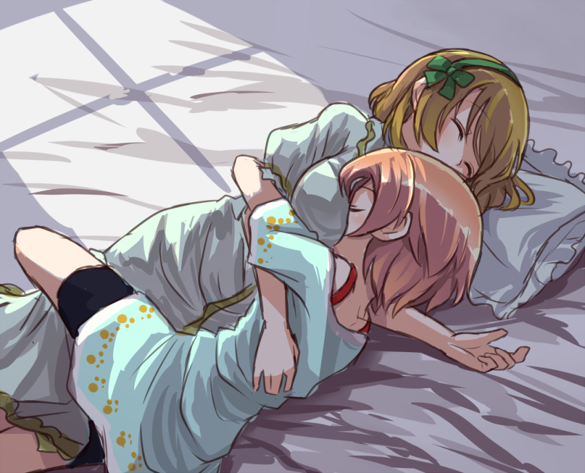 2girls blonde_hair breast_pillow breasts hoshizora_rin koizumi_hanayo love_live! love_live!_school_idol_project multiple_girls pink_hair shikei_(jigglypuff) sleeping yuri