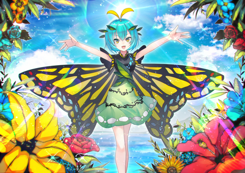 1girl :d antennae bangs blue_hair blue_rose blue_sky breasts butterfly_wings clouds cloudy_sky commentary_request dress eternity_larva eyebrows_visible_through_hair fang flower green_dress hair_between_eyes hair_ornament hibiscus hidden_star_in_four_seasons hill hydrangea kusakanmuri leaf leaf_hair_ornament light_rays looking_at_viewer open_mouth outstretched_arms rainbow_gradient rose short_hair sky smile solo sparkle sun sunbeam sunflower sunlight touhou water wings yellow_eyes