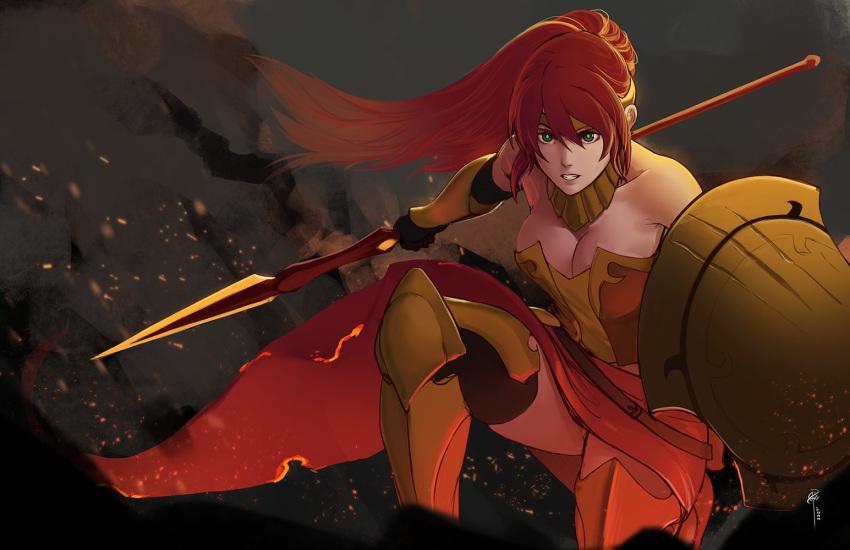 1girl armor corset embers green_eyes jewelry less long_hair necklace one_knee polearm ponytail pyrrha_nikos redhead rwby shield skirt spear tiara warrior weapon