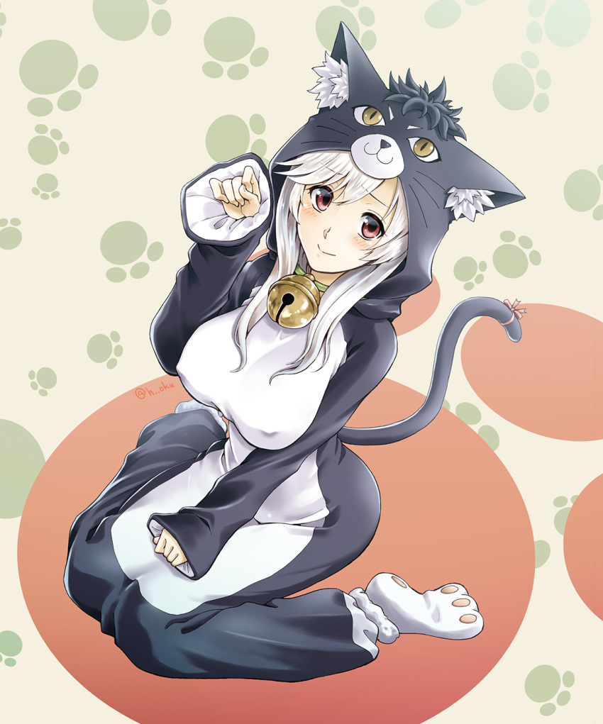 1girl :&gt; :3 animal_costume animal_hood anna_(sennen_sensou_aigis) bangs bell blush breasts brown_eyes cat_costume closed_mouth commentary_request erect_nipples eyebrows_visible_through_hair from_above full_body highres hood jingle_bell large_breasts long_hair looking_at_viewer oku_hideki paw_pose paw_print pink_ribbon red_eyes ribbon sennen_sensou_aigis silver_hair sitting sleeves_past_wrists slit_pupils smile solo swept_bangs tail tail_ribbon twitter_username wariza