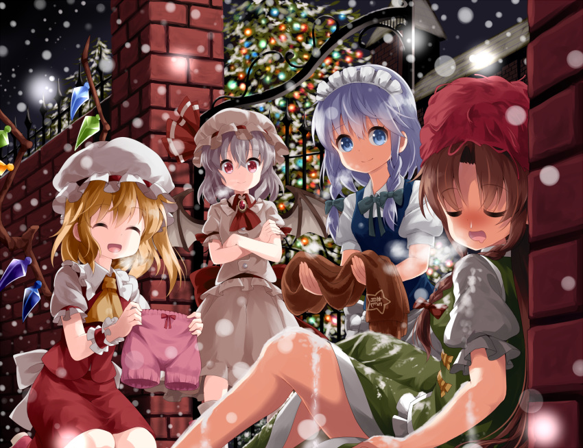 4girls :d ^_^ ascot bat_wings blonde_hair blue_eyes blue_hair blush braid breath brown_hair brown_scarf christmas christmas_tree closed_eyes commentary_request crossed_arms eyebrows_visible_through_hair flandre_scarlet gate hat highres holding_scarf hong_meiling izayoi_sakuya kneeling long_hair looking_at_another maid maid_headdress mob_cap multiple_girls open_mouth red_eyes remilia_scarlet ruu_(tksymkw) scarf short_hair sleeping smile snow snowing standing touhou twin_braids wings wrist_cuffs