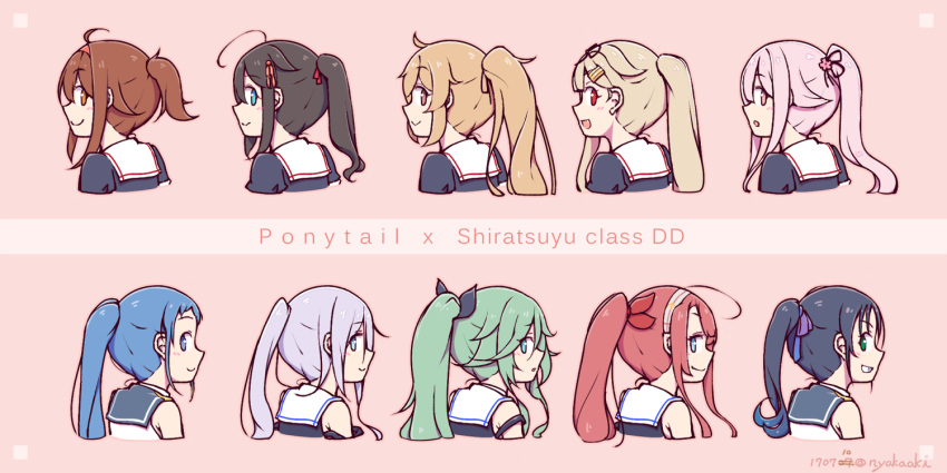 10s 6+girls :d ahoge alternate_hairstyle bare_shoulders blonde_hair blue_eyes blue_hair bow brown_eyes brown_hair choker commentary_request dated detached_sleeves english green_eyes green_hair grin hair_bow hair_ornament hair_ribbon hairband hairclip harusame_(kantai_collection) kantai_collection kawakaze_(kantai_collection) looking_at_viewer multiple_girls mumyoudou murasame_(kantai_collection) open_mouth pink_eyes pink_hair ponytail purple_hair red_eyes revision ribbon sailor_collar samidare_(kantai_collection) school_uniform serafuku shigure_(kantai_collection) shiratsuyu_(kantai_collection) short_ponytail smile suzukaze_(kantai_collection) twitter_username umikaze_(kantai_collection) yamakaze_(kantai_collection) yuudachi_(kantai_collection)