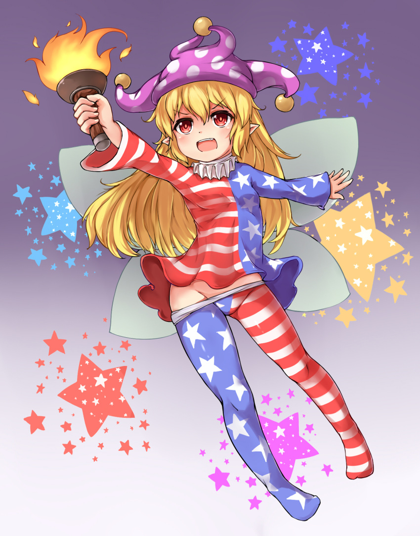 1girl american_flag_dress american_flag_legwear blonde_hair bushi_(1622035441) clownpiece fire full_body gradient gradient_background hair_between_eyes hat highres jester_cap long_hair long_sleeves neck_ruff no_panties open_mouth pantyhose pantyhose_pull pointy_ears polka_dot purple_background red_eyes revision solo star star_print striped teeth torch touhou