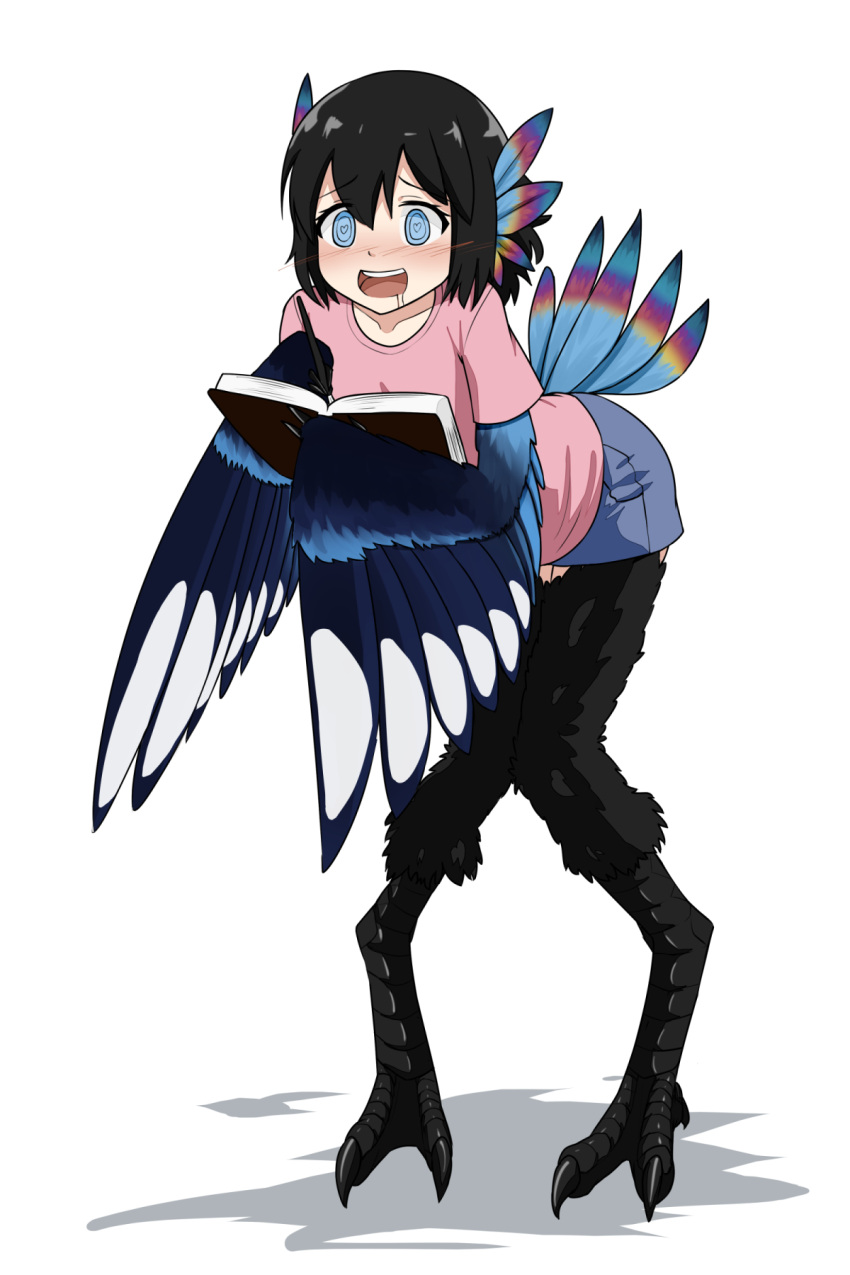 bending_forward bird_ears bird_legs bird_tail bird_wings blue_eyes blue_feathers blue_skirt blush book claws collarbone drooling excited eyebrows_visible_through_hair feathers gradient harpy heart heart-shaped_pupils highres kaafi looking_afar monster_girl open_mouth pen pink_shirt shadow shirt short_hair simple_background skirt symbol-shaped_pupils tail white_background wings writing