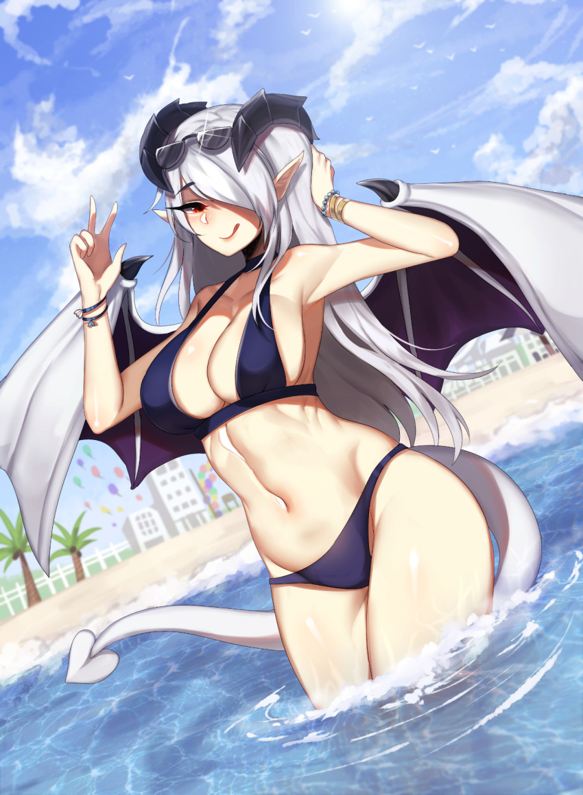 1girl :q beach bikini blue_bikini blue_sky bracelet breasts clouds day demon_girl demon_tail demon_wings dutch_angle hair_over_one_eye highres horns jewelry large_breasts lilim_(monster_girl_encyclopedia) long_hair looking_at_viewer monster_girl_encyclopedia navel outdoors palm_tree partially_submerged pointy_ears red_eyes silver_hair sky smile solo stomach sunglasses sunglasses_on_head swimsuit tail teru_(renkyu) tongue tongue_out tree v water wings