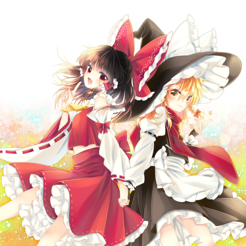2girls :d apron back-to-back blonde_hair bow braid brown_hair commentary detached_sleeves fingerless_gloves gloves hair_bow hakurei_reimu hand_holding hat hat_bow highres index_finger_raised juliet_sleeves kirisame_marisa large_bow large_hat long_hair long_sleeves looking_at_viewer midriff miniskirt multiple_girls muzuki_uruu open_mouth puffy_sleeves red_eyes single_braid skirt smile star touhou waist_apron witch_hat yellow_eyes