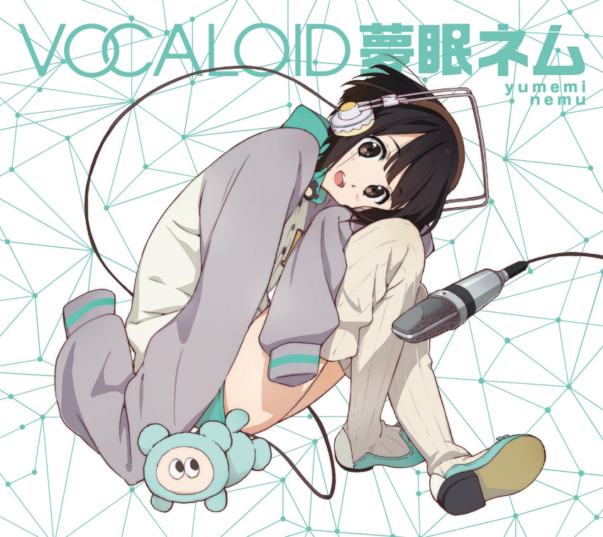 1girl album_cover black_hair brown_eyes character_name copyright_name cover hands_in_sleeves headphones highres horiguchi_yukiko jacket letterman_jacket looking_at_viewer microphone official_art oversized_clothes ribbed_legwear shoes short_hair shorts sitting sleeves_past_wrists smile solo tanuki tanuqn thigh-highs vocaloid yumemi_nemu