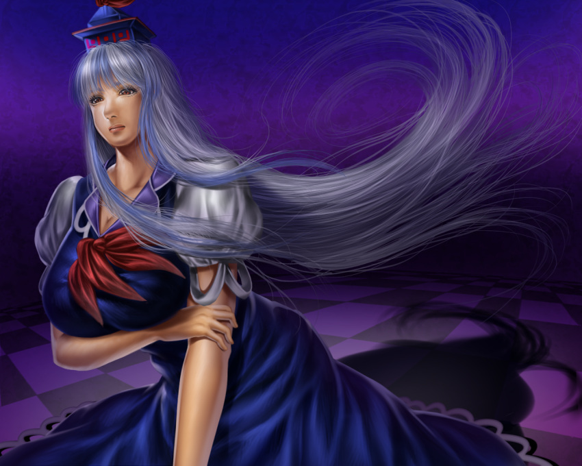 1girl bangs blue_dress blue_hair breasts cleavage collarbone dress dress_lift eyelashes gradient gradient_background hand_on_own_arm hat hips huge_breasts kamishirasawa_keine layered_dress leaning_forward lips long_hair mayuma_yumeko multicolored_hair neck nose puffy_short_sleeves puffy_sleeves purple_background realistic red_eyes ribbon shadow shiny shiny_skin short_sleeves sidelocks sleeveless sleeveless_dress solo tile_floor tiles touhou two-tone_hair very_long_hair white_dress white_hair wind