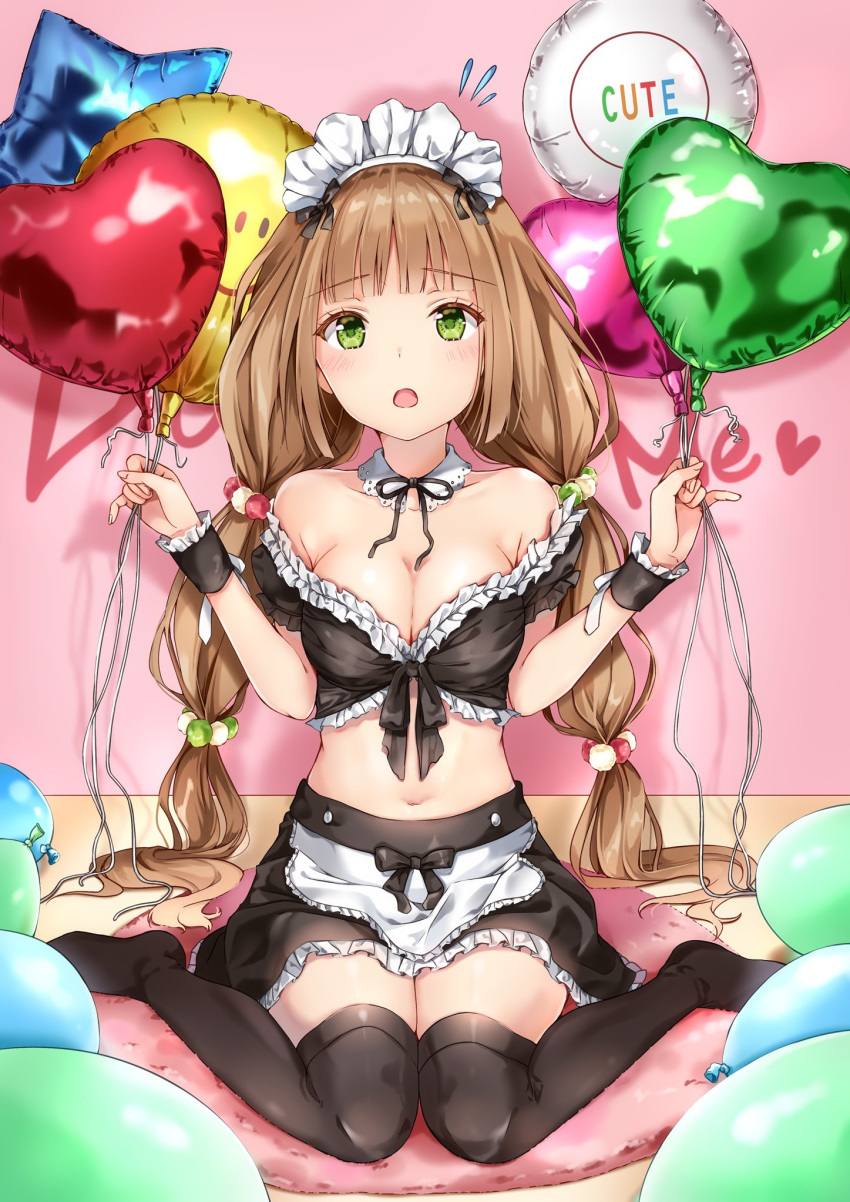 1girl apron balloon bangs bare_shoulders black_bow black_legwear black_ribbon black_skirt blunt_bangs blush bow breasts brown_hair cleavage clenched_hands collar collarbone english eyebrows_visible_through_hair fingernails flying_sweatdrops frilled_cuffs frilled_skirt frills full_body green_eyes hair_ornament hair_scrunchie heart heart_balloon highres holding_balloon long_hair looking_at_viewer low_twintails maid maid_apron medium_breasts midriff navel no_shoes on_floor original ribbon scrunchie skirt twintails yoshida_iyo