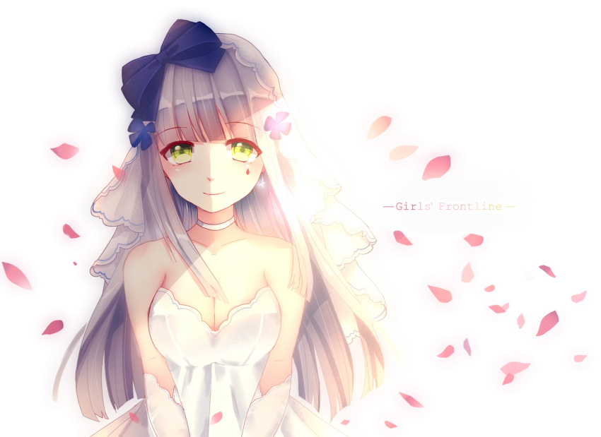 1girl 9yuki arms_at_sides bangs bare_shoulders blush breasts cleavage closed_mouth copyright_name dress eyebrows_visible_through_hair facial_mark girls_frontline green_eyes highres hk416_(girls_frontline) long_hair looking_at_viewer medium_breasts petals silver_hair smile solo sunlight teardrop upper_body white_dress