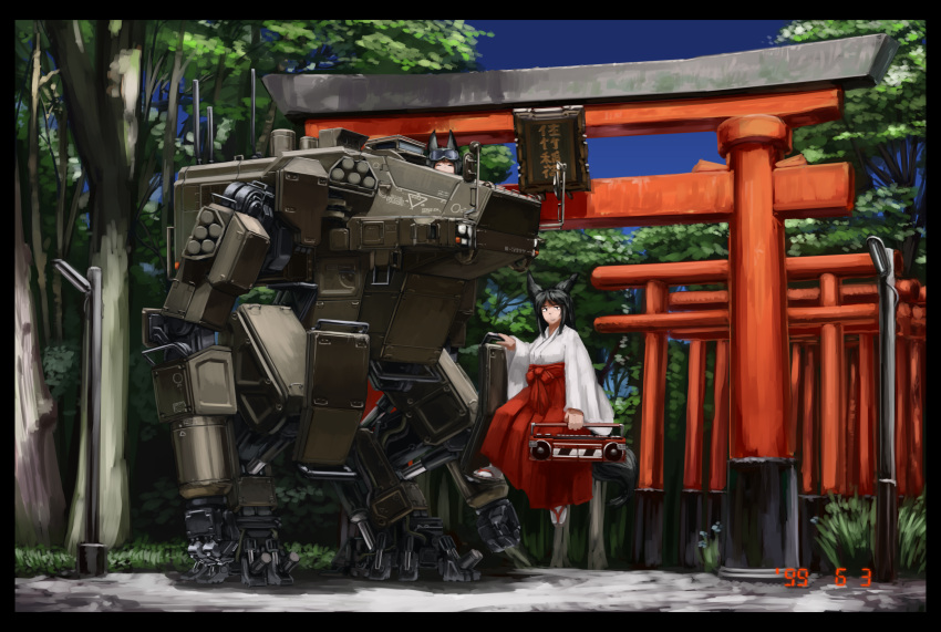 1girl absurdres black_hair commentary_request dated forest fox_girl hakama highres holding hozumi_(ouchan) japanese_clothes long_hair looking_at_viewer mecha miko nature original outdoors red_hakama science_fiction sky standing_on_object torii wide_sleeves