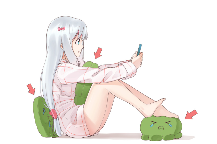 &gt;_&lt; 10s 1girl :o bare_legs barefoot blue_eyes bow cellphone coffeiz_p commentary_request directional_arrow eromanga_sensei eyebrows_visible_through_hair from_side full_body hair_bow izumi_sagiri long_hair long_sleeves low-tied_long_hair pajamas parted_lips phone pillow pink_bow profile shirt silver_hair simple_background sleeves_folded_up smartphone solo stuffed_animal stuffed_octopus stuffed_toy teardrop white_background white_pajamas white_shirt