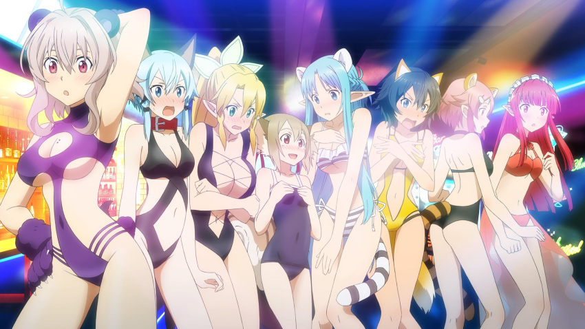 6+girls :d animal_ears arm_up armpits asuna_(sao) asuna_(sao-alo) bear_ears bear_tail bikini black_hair black_ribbon black_swimsuit blonde_hair blue_eyes blue_hair blush braid breasts brown_hair casual_one-piece_swimsuit cat_ears cleavage cleavage_cutout collar collarbone contrapposto covered_navel covering covering_breasts cowboy_shot embarrassed fake_animal_ears fake_tail fox_ears fox_tail gloves groin hair_between_eyes hair_ornament hair_ribbon high_ponytail highres indoors large_breasts leafa lisbeth lisbeth_(sao-alo) long_hair looking_at_viewer maid_headdress medium_breasts midriff mole mole_on_breast multiple_girls navel one-piece_swimsuit open_mouth paw_gloves paws philia_(sao) philia_(sao-alo) pink_hair pointy_ears purple_gloves purple_swimsuit raccoon_ears raccoon_tail rain_(sao) red_bikini red_eyes redhead ribbon school_swimsuit shinon_(sao) shinon_(sao-alo) short_hair short_hair_with_long_locks side-tie_bikini sidelocks silica silica_(sao-alo) silver_hair small_breasts smile standing strea striped striped_bikini striped_tail swimsuit sword_art_online tail twin_braids under_boob very_long_hair yellow_swimsuit