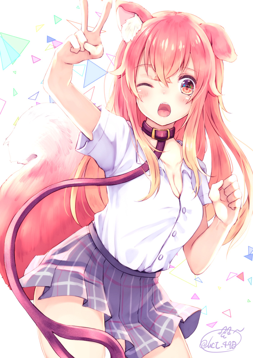 1girl animal_ears blush breasts chita_(ketchup) cleavage dog_ears dog_tail eyebrows_visible_through_hair grey_skirt highres large_breasts leash looking_at_viewer one_eye_closed open_mouth original pink_eyes pink_hair signature skirt smile solo tail v