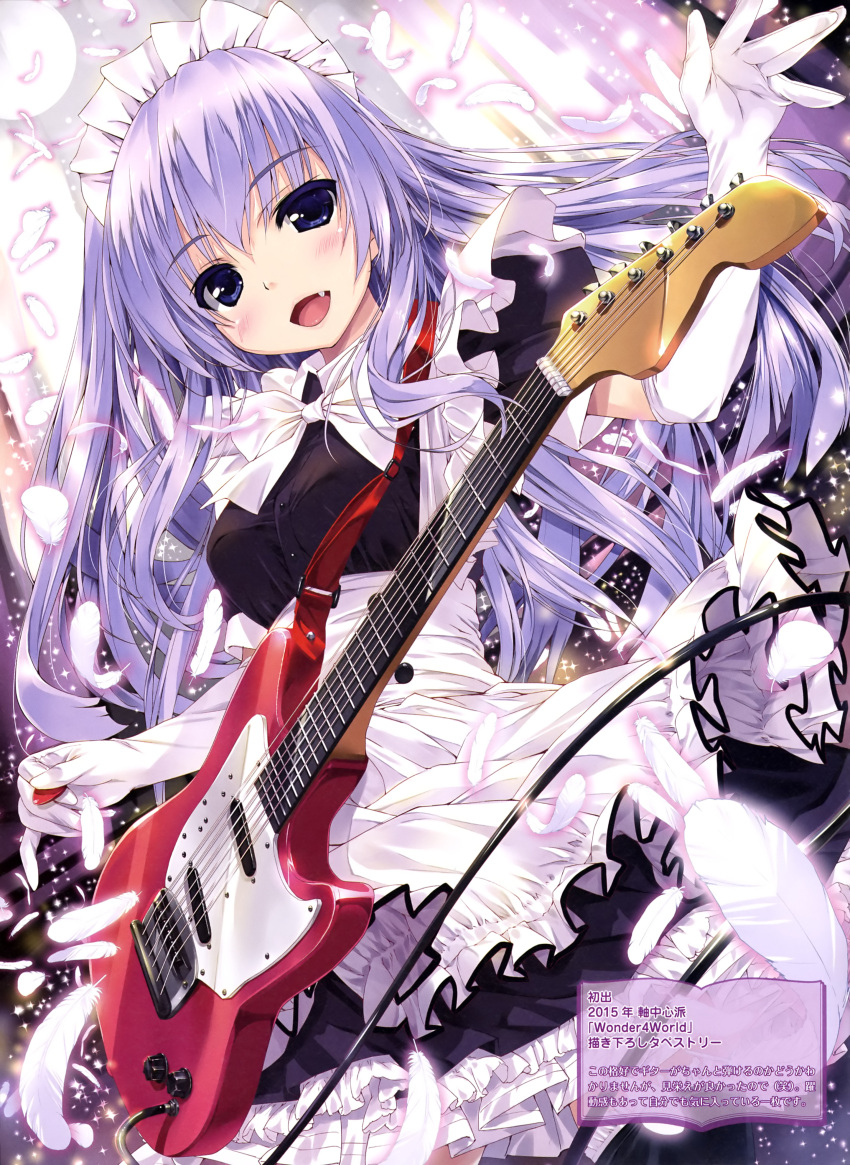 1girl :d absurdres apron black_dress black_eyes bow bowtie dress elbow_gloves eyebrows_visible_through_hair fang from_below gloves guitar highres holding_instrument instrument long_hair looking_at_viewer maid_headdress open_mouth original shintarou silver_hair smile solo very_long_hair white_apron white_bow white_bowtie white_feathers white_gloves