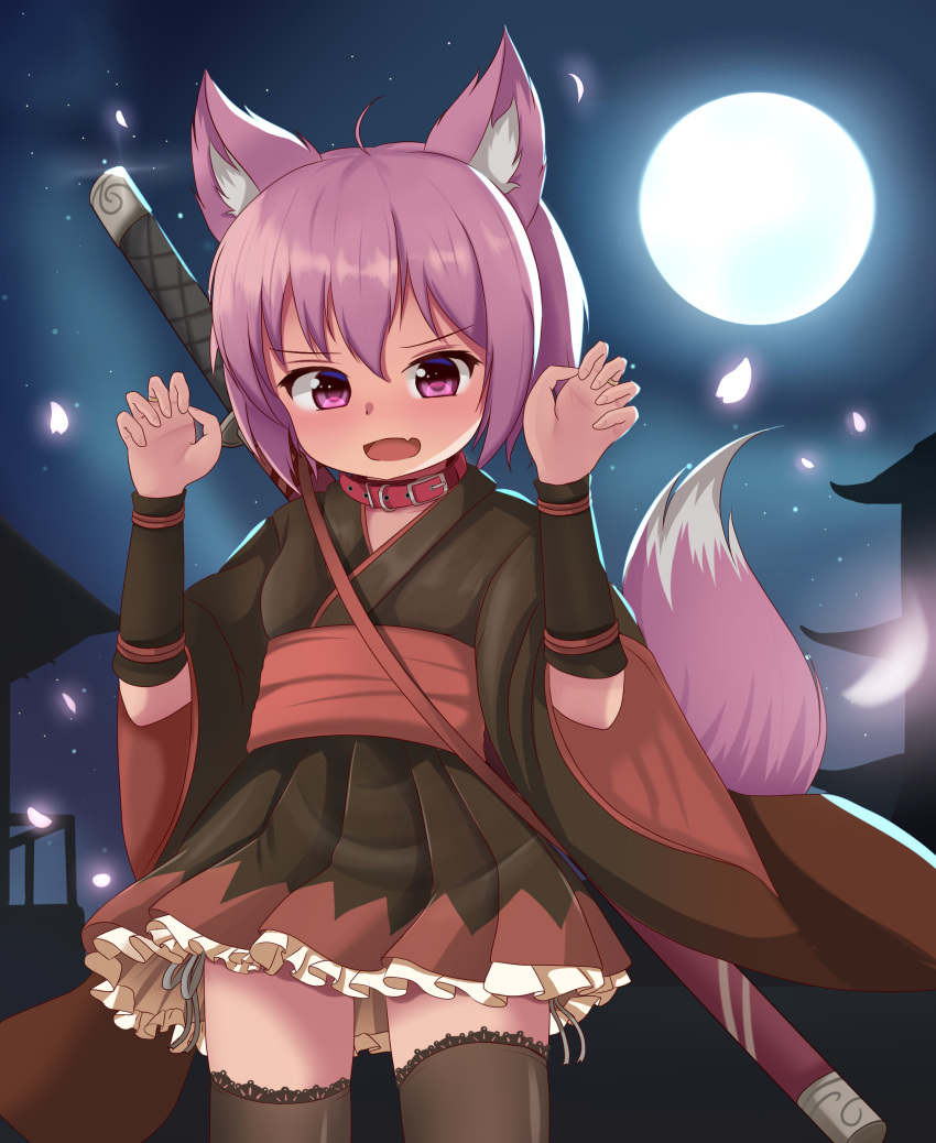 1girl absurdres animal_ears arm_warmers brown_dress brown_legwear building claw_pose collar commentary cowboy_shot dress fang fox_ears fox_tail full_moon highres hotel01 looking_at_viewer moon night obi open_mouth original outdoors petals petticoat pink_eyes pink_hair pleated_skirt sash scabbard sheath short_hair skirt solo standing sword tail thigh-highs weapon