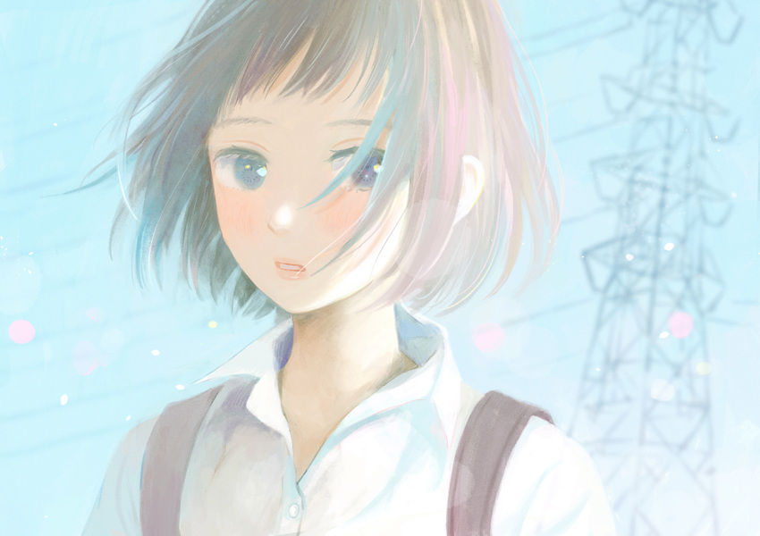 1girl backpack bag blue_eyes blue_sky blush bob_cut brown_hair collarbone commentary_request day hair_over_one_eye looking_at_viewer nakamura_hinata original portrait power_lines shirt short_hair sky solo sunlight transmission_tower white_shirt wing_collar