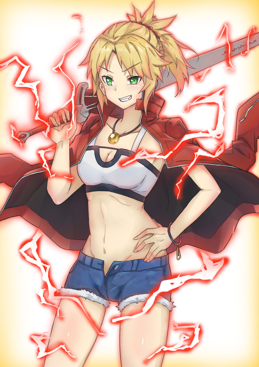 1girl absurdres artist_request blonde_hair breasts clarent cowboy_shot denim denim_shorts fang fate/apocrypha fate_(series) green_eyes highres jacket_on_shoulders midriff saber_of_red short_shorts shorts small_breasts smile solo