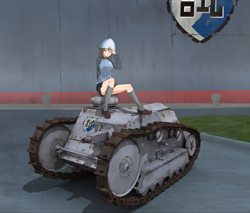 1girl artist_request emblem ford_3-ton_m1918 girls_und_panzer ground_vehicle hat keizoku_(emblem) keizoku_school_uniform mika_(girls_und_panzer) military military_vehicle motor_vehicle tank