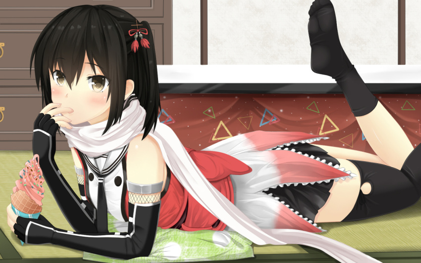 10s 1girl black_gloves black_hair black_legwear black_skirt blush breasts brown_eyes drawer fingerless_gloves gloves grazelz hair_ornament ice_cream_cone inside kantai_collection long_hair looking_at_viewer lying on_stomach scarf sendai_(kantai_collection) single_sock single_thighhigh skirt small_breasts socks solo thigh-highs waffle_cone white_scarf