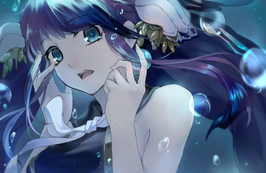 1girl air_bubble bangs blue_eyes eyebrows_visible_through_hair hands_up long_hair looking_at_viewer ningyo_hime_(sinoalice) open_mouth purple_hair qitoli sinoalice solo teeth underwater