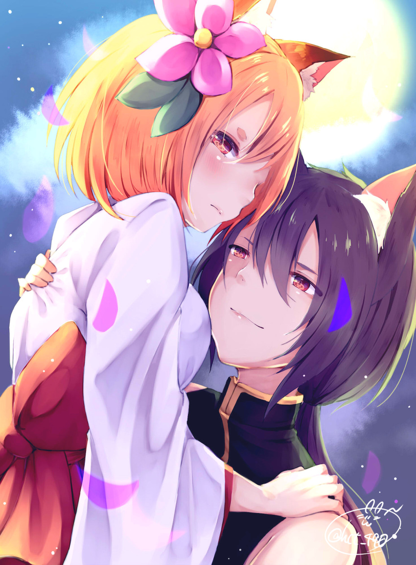 1girl :c animal_ears artist_logo artist_name bangs black_shirt blush bow chita_(ketchup) closed_mouth commentary_request flower fox_ears fox_girl hair_between_eyes hair_flower hair_ornament highres japanese_clothes kimono large_bow long_hair long_sleeves looking_at_another looking_at_viewer orange_hair original petals purple_flower purple_hair red_bow red_eyes shirt smile solo twitter_username upper_body white_kimono wide_sleeves