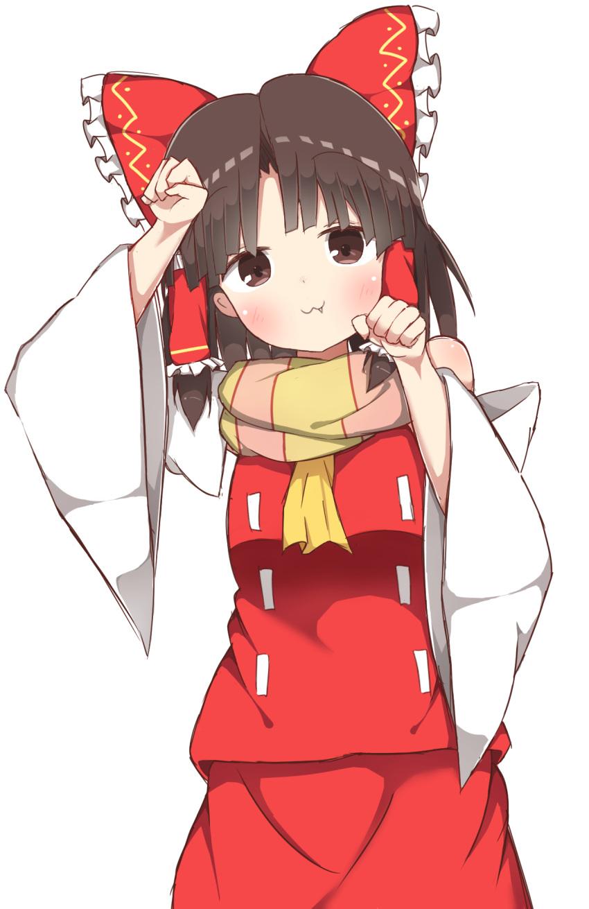 1girl :3 akabeco benikurage blush bow brown_eyes brown_hair closed_mouth cookie_(touhou) detached_sleeves eyebrows_visible_through_hair fang_out hair_bow hair_tubes hakurei_reimu highres looking_at_viewer paw_pose red_bow short_hair smile solo touhou upper_body