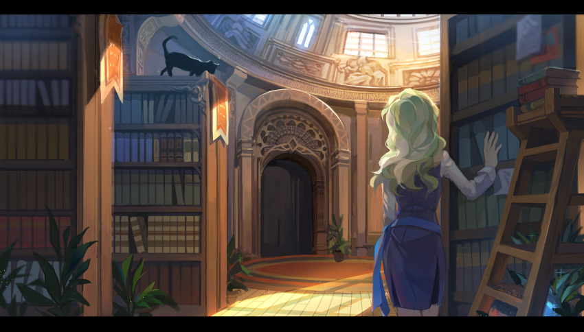 1girl absurdres animal arch banner black_cat blonde_hair blue_dress book_stack bookshelf cat diana_cavendish dome dress facing_away from_behind hand_up highres indoors ladder letterboxed library little_witch_academia long_hair plant potted_plant rug sansan_jun sash shirt sleeveless sleeveless_dress solo standing sunlight white_shirt wooden_floor