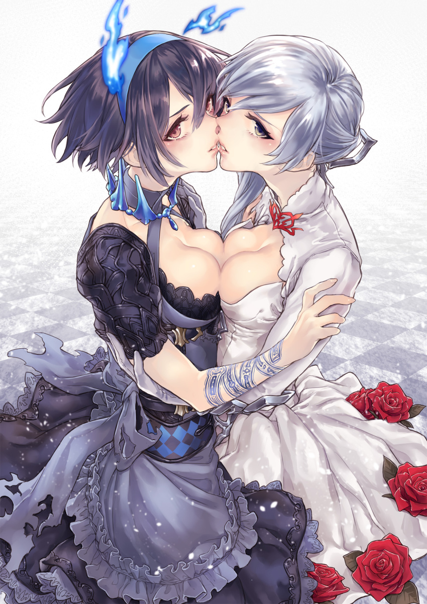 2girls alice_(sinoalice) apron asymmetrical_docking asymmetrical_hair bangs black_dress black_hair blush breast_press breasts brown_eyes cleavage dress flower frilled_apron frills from_side grey_eyes grey_hair hair_between_eyes hairband hand_up highres kiss lace lace-trimmed_dress lips long_sleeves looking_at_viewer medium_breasts multiple_girls parted_lips red_flower red_rose rororogi_mogura rose short_hair short_hair_with_long_locks short_sleeves silver_hair sinoalice small_breasts snow_white_(sinoalice) waist_apron white_dress yuri