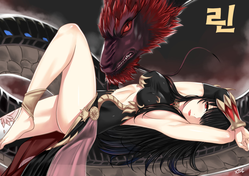 1girl armpits arms_up bangs barefoot black_dress black_hair blush breasts closed_mouth detached_sleeves dragon dress eastern_dragon from_side hair_over_one_eye lipstick long_hair looking_at_viewer looking_to_the_side lying makeup medium_breasts on_back red_eyes red_lipstick rin_(seven_knights) seven_knights sideboob smile swept_bangs taut_clothes thighs xtermination