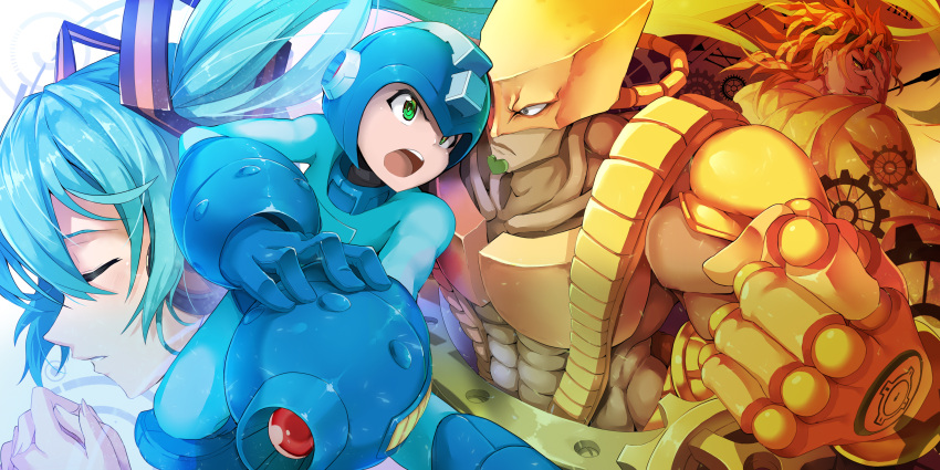 1girl 3boys abs absurdres aqua_hair blonde_hair closed_eyes dio_brando gloves green_eyes hand_on_own_face hands_clasped hatsune_miku headband helmet highres jie_laite multiple_boys niconico_rpg open_mouth rockman rockman_(character) stand_(jojo) the_world vocaloid