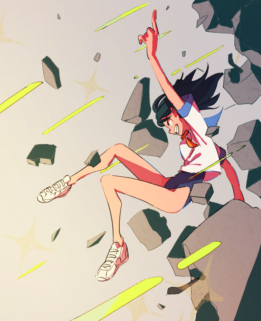 1girl ammonio black_hair explosion grin highres index_finger_raised jumping original shoes smile sneakers solo swimsuit swimsuit_under_clothes teeth white_shoes