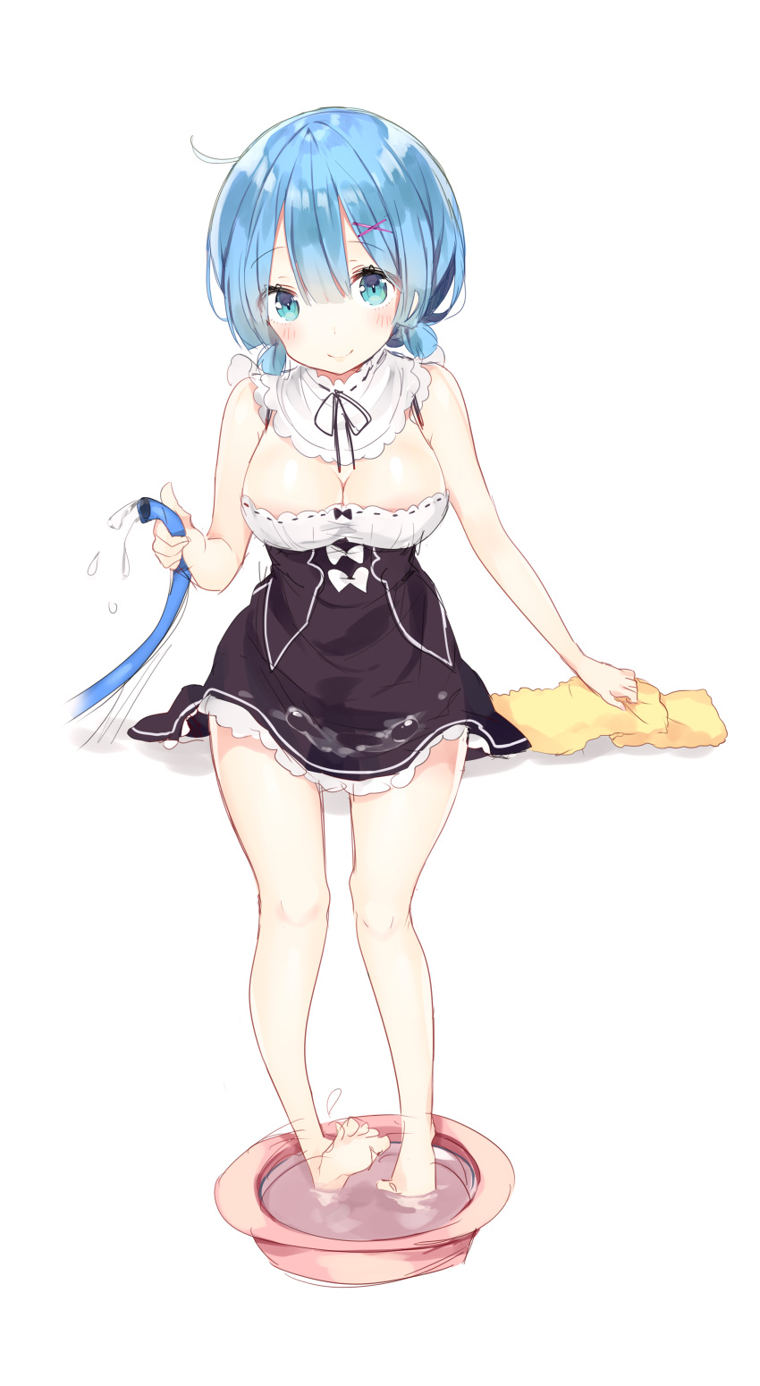 1girl absurdres ahoge bare_arms bare_legs barefoot blue_eyes blue_hair blush bow breasts cleavage container detached_collar dress full_body hair_between_eyes hair_ornament highres holding_hose hose large_breasts looking_at_viewer maid ongyageum re:zero_kara_hajimeru_isekai_seikatsu rem_(re:zero) short_hair simple_background sketch smile soaking_feet solo towel water wet wet_clothes white_background white_bow x_hair_ornament yellow_towel