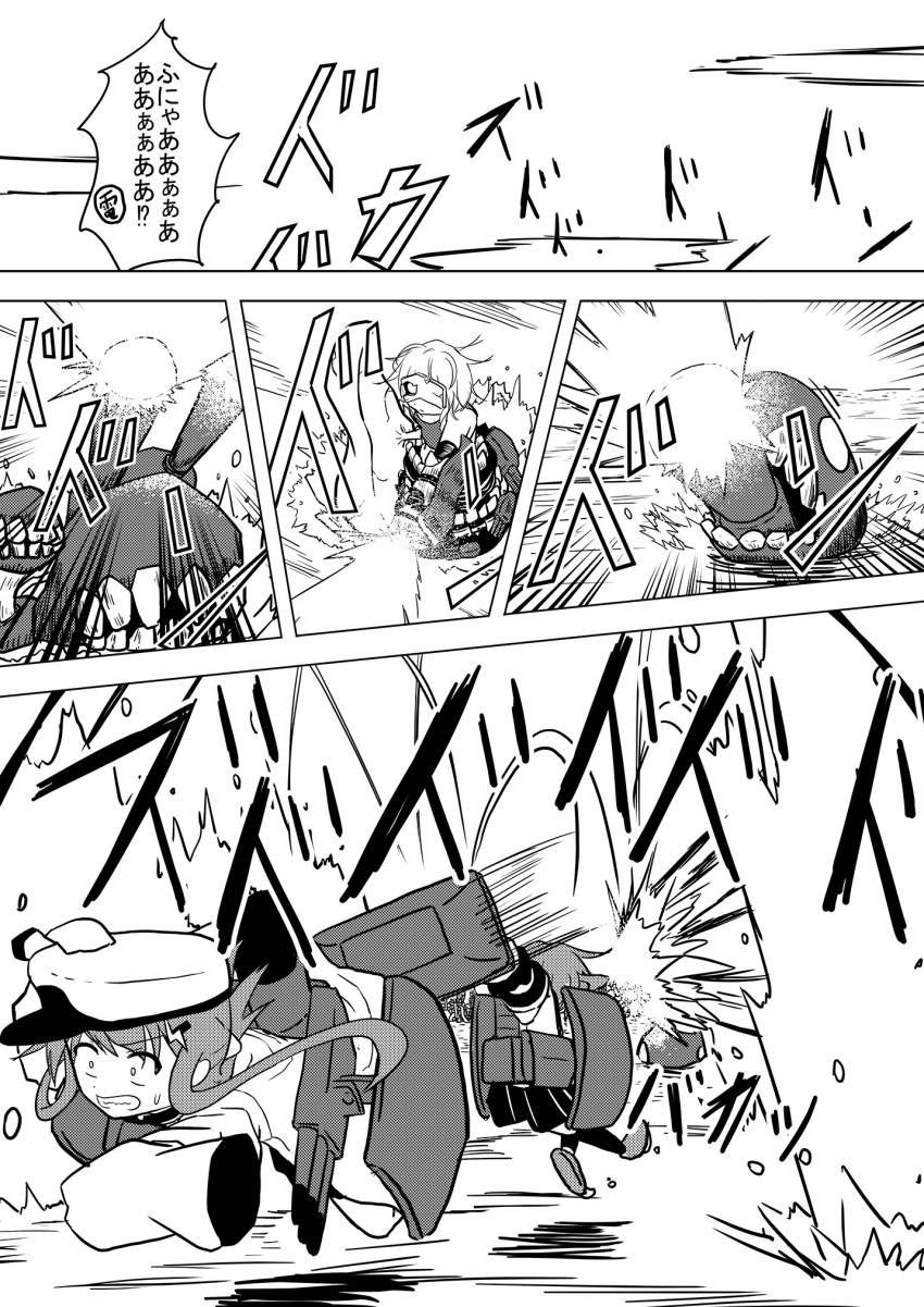 10s 2girls bangs battle chi-class_torpedo_cruiser clenched_teeth clouds coat comic commentary constricted_pupils dive emphasis_lines explosion eyebrows_visible_through_hair folded_ponytail greyscale hair_ornament hairclip hand_on_headwear hands_in_sleeves hat highres horizon i-class_destroyer ikazuchi_(kantai_collection) inazuma_(kantai_collection) kantai_collection lightning_bolt lightning_bolt_hair_ornament long_hair long_sleeves machinery meitoro monochrome motion_lines multiple_girls ocean outstretched_arm pleated_skirt rigging ripples school_uniform scrunchie sea_spray serafuku shinkaisei-kan short_hair short_sleeves sidelocks skirt sky sleeves_past_wrists smokestack sweat teeth to-class_light_cruiser translation_request turret wrist_scrunchie