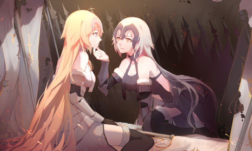 2girls ahoge armor bangs black_legwear blonde_hair blue_eyes breasts broken_(7589468) brown_eyes closed_mouth eye_contact fate/grand_order fate_(series) faulds female fur_trim grey_hair hand_on_another's_chin headpiece highres jeanne_alter kneeling light_smile long_hair looking_at_another medium_breasts multiple_girls parted_lips ruler_(fate/apocrypha) sitting smile standard_bearer thigh-highs type-moon vambraces very_long_hair wariza yuri