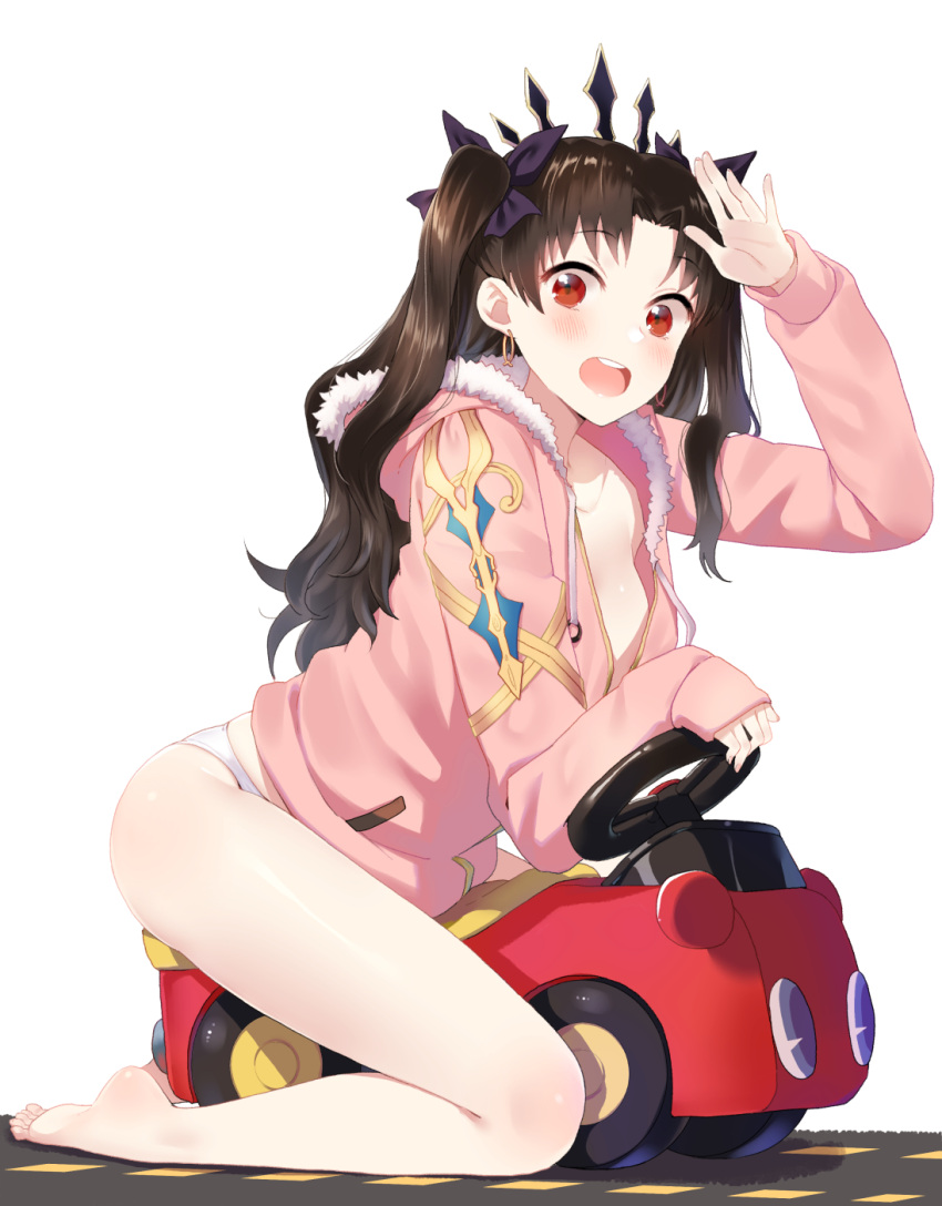 1girl barefoot black_hair breasts car earrings fate/grand_order fate_(series) fur_trim furururu ground_vehicle hair_ribbon highres hood hoodie hoop_earrings ishtar_(fate/grand_order) ishtar_(swimsuit_rider)_(fate) jewelry long_hair looking_at_viewer medium_breasts motor_vehicle red_eyes ribbon road single_thighhigh smile solo thigh-highs tohsaka_rin two_side_up white_background