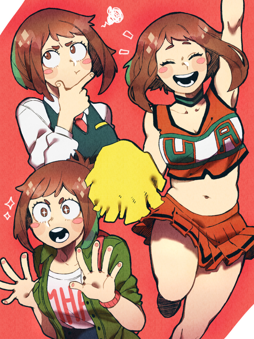 1girl alternate_costume arm_up bag bare_shoulders belly blush_stickers boku_no_hero_academia breasts brown_hair cheering cheerleader choker cleavage closed_eyes collared_shirt highres midriff navel necktie open_clothes open_mouth pleated_skirt pom_poms ponytail shirt short_hair sketchere skirt smile solo_focus sparkling_eyes stomach teeth tied_hair uraraka_ochako vest white_shirt