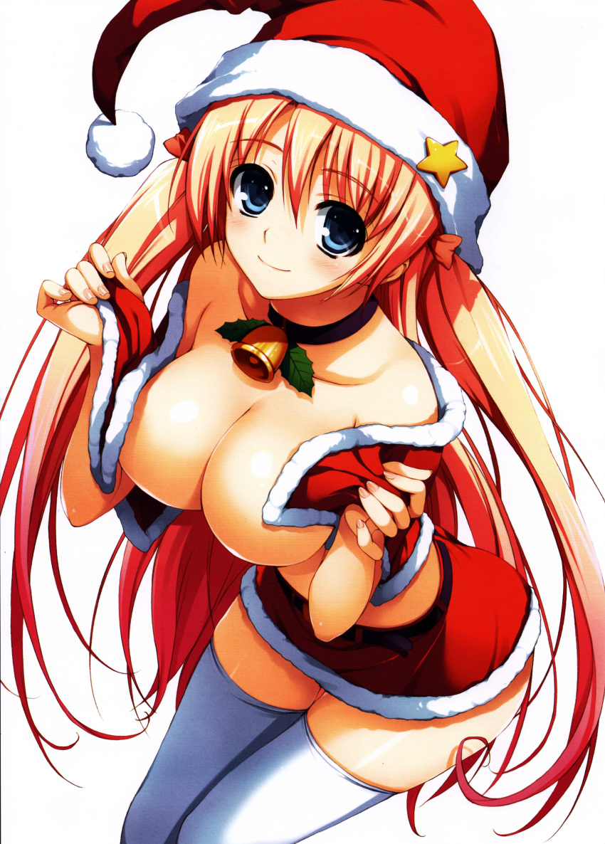 1girl absurdres bell bell_collar blue_eyes breasts christmas cleavage collar fingernails hat highres huge_filesize large_breasts long_hair pink_hair santa_costume santa_hat simple_background solo thigh-highs tomose_shunsaku very_long_hair white_background