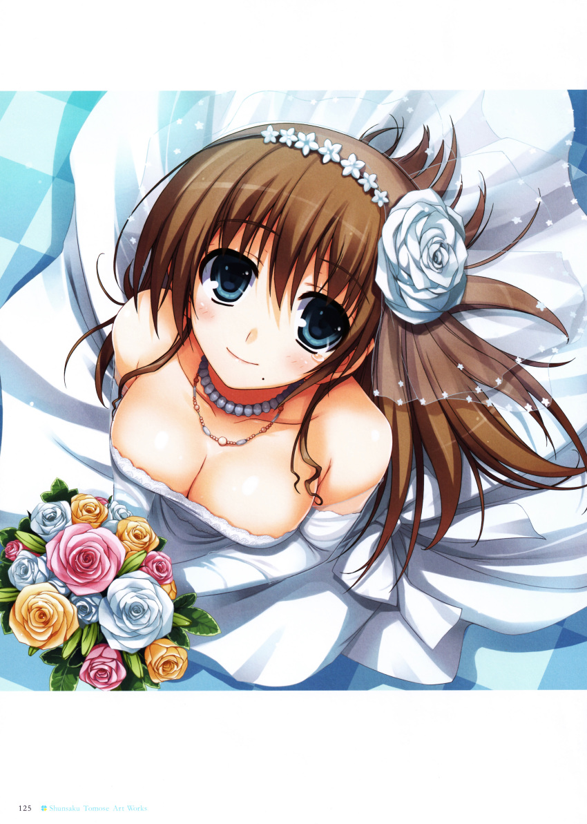 1girl absurdres bangs bare_shoulders blue_eyes blush bouquet breasts bridal_veil brown_hair cleavage collarbone dress elbow_gloves eyebrows_visible_through_hair flower gloves hair_ornament highres holding huge_filesize jewelry looking_at_viewer medium_breasts mole mole_under_mouth necklace pearl_necklace scan solo strapless strapless_dress tears tomose_shunsaku veil wedding_dress white_dress white_gloves