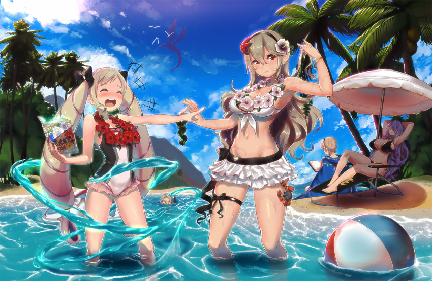 +++ 2boys 3girls armpits arms_up ball barefoot beach beach_chair beach_umbrella beachball bikini bikini_skirt black_bikini blonde_hair blush book bow bracelet breasts camilla_(fire_emblem_if) cape cleavage clouds crab day dragon elise_(fire_emblem_if) fire_emblem fire_emblem_heroes fire_emblem_if flower frilled_swimsuit frills front-tie_bikini front-tie_top hair_bow hair_flower hair_ornament hairband jewelry large_breasts laughing leon_(fire_emblem_if) long_hair magister_(medical_whiskey) marks_(fire_emblem_if) multiple_boys multiple_girls my_unit_(fire_emblem_if) navel ocean one-piece_swimsuit open_mouth outdoors palm_tree pointing pointy_ears purple_hair red_eyes ribbon seaweed side-tie_bikini sky smile snorkel starfish sunglasses swimsuit thigh_ribbon tree twintails umbrella very_long_hair water wet white_bikini