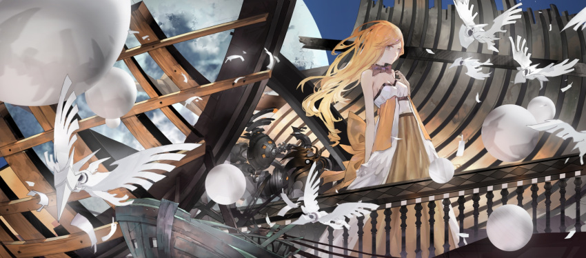 1girl bird blonde_hair brown_skirt closed_mouth dress fantasy floating_hair full_moon hand_up highres long_hair looking_at_viewer moon original railing skirt solo standing tagme very_long_hair white_dress zeixique