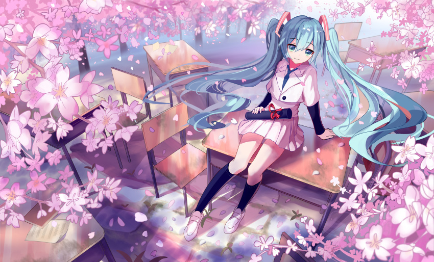 1girl aqua_eyes aqua_hair chair cherry_blossoms desk diploma floating_hair full_body hatsune_miku highres kneehighs long_hair matching_hair/eyes necktie on_desk petals school_uniform siji_(szh5522) sitting sitting_on_desk skirt solo tree twintails very_long_hair vocaloid