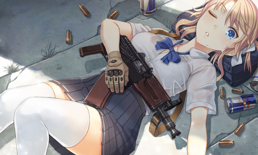 1girl aks-74u assault_rifle black_skirt blonde_hair blouse blue_bow blue_bowtie blue_eyes bow bowtie breasts brown_gloves commentary_request gloves gun highres itou_(onsoku_tassha) looking_at_viewer lying medium_breasts miniskirt on_back on_ground one_eye_closed original pleated_skirt red_bull rifle school_uniform shell_casing short_sleeves skirt solo thigh-highs weapon white_blouse white_legwear wing_collar