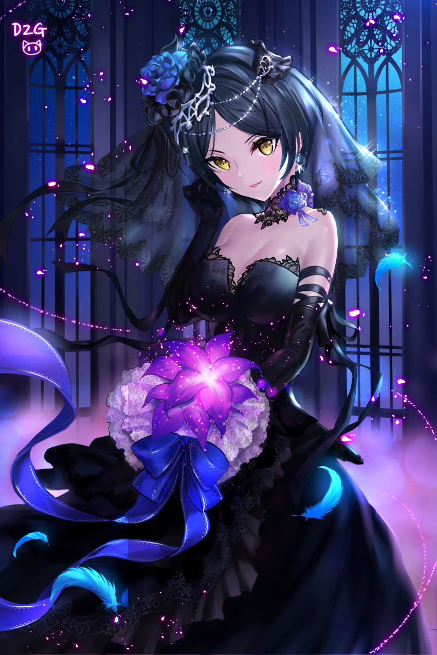 1girl absurdres black_gloves black_hair blush breasts cleavage elbow_gloves gloves highres large_breasts looking_at_viewer parted_lips short_hair smile solo ttaji_(pass35) yellow_eyes