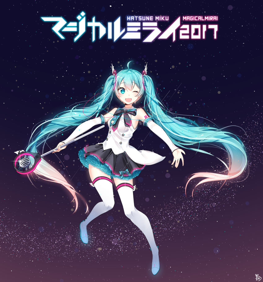 1girl 2017 ;d absurdly_long_hair absurdres ahoge black_ribbon black_skirt blue_eyes blue_hair character_name detached_sleeves eyebrows_visible_through_hair floating_hair full_body hair_between_eyes hair_ornament hatsune_miku highres holding layered_skirt long_hair magical_mirai_(vocaloid) microphone_stand miniskirt moong_gya multicolored_hair neck_ribbon one_eye_closed open_mouth pink_hair pleated_skirt ribbon shirt skirt sleeveless sleeveless_shirt smile solo thigh-highs twintails two-tone_hair very_long_hair vocaloid white_legwear white_shirt