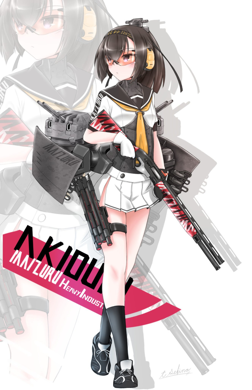 10s 1girl akizuki_(kantai_collection) artist_signature black_hair black_legwear black_shoes chou-10cm-hou-chan clothes_writing corset earmuffs gloves gun hair_between_eyes hair_ornament headband highres holding holding_gun holding_weapon holster kantai_collection long_hair looking_to_the_side pleated_skirt ponytail pump_action rigging sailor_collar sekino_takehiro shadow shiny shiny_hair shoes shooting_glasses short_sleeves shotgun shotgun_speed_loader skirt sneakers solo striped striped_skirt thigh_holster thigh_strap trigger_discipline turret violet_eyes weapon white_background white_gloves white_skirt zoom_layer