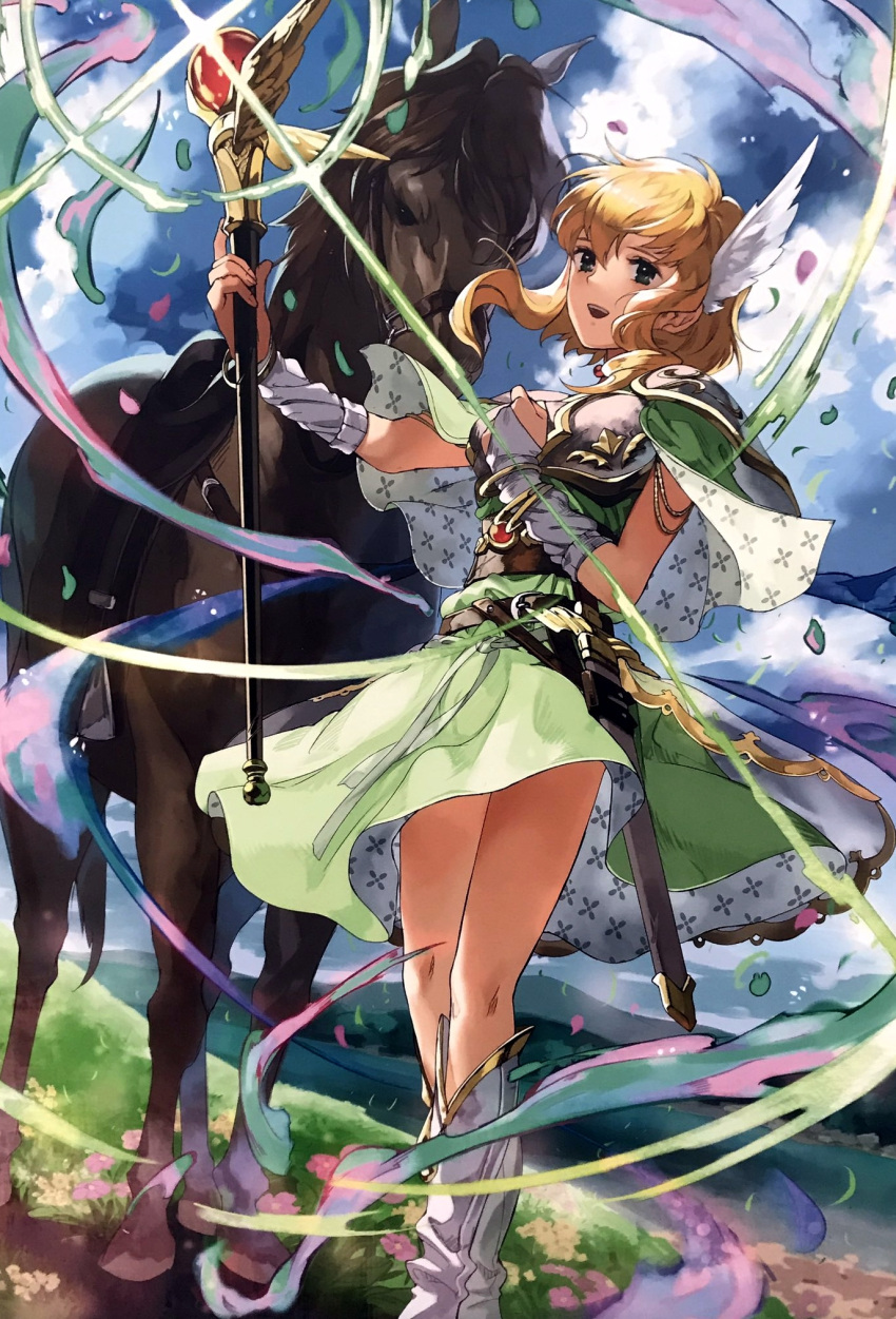 1girl :d animal armor armored_dress artist_request bangs bare_legs belt blonde_hair boots breastplate bridal_gauntlets capelet dress female fire_emblem fire_emblem:_seisen_no_keifu fire_emblem:_thracia_776 fire_emblem_cipher highres holding horse knee_boots legs looking_at_viewer magic nanna_(fire_emblem) nintendo official_art open_mouth outdoors petals round_teeth sheath sheathed short_hair smile staff standing sword teeth valkyrie_(fire_emblem) weapon